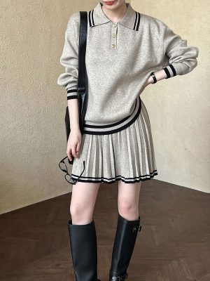 College Polo Collar Sweater with High Waist Pleated Half-Length Skirt Set for Women