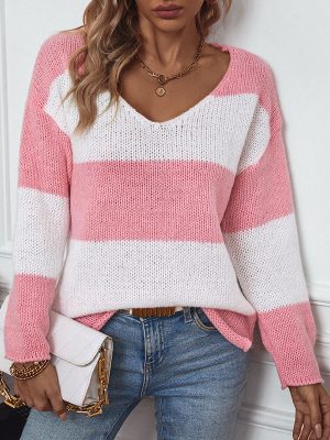 Striped V-Neck Off-Shoulder Sweater for Women