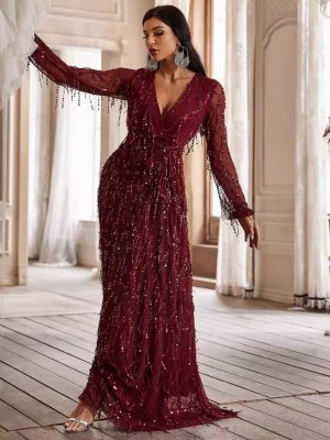 V-Neck Sequin Tassel Maxi Dress – Long Sleeve Deep Plunge Gown