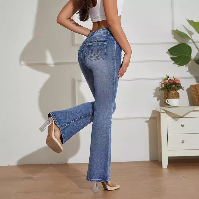 Women’s Embroidered Pocket Distressed Bell Bottom Jeans - Image 4
