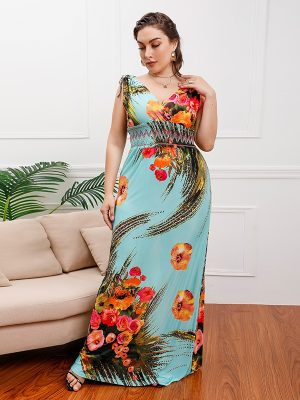 Plus Size Bohemian Ice Silk Midi Dress – V-Neck Beach Holiday Style