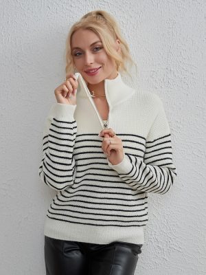 Striped Zipper Long Sleeve Sweater for Women – Autumn/Winter