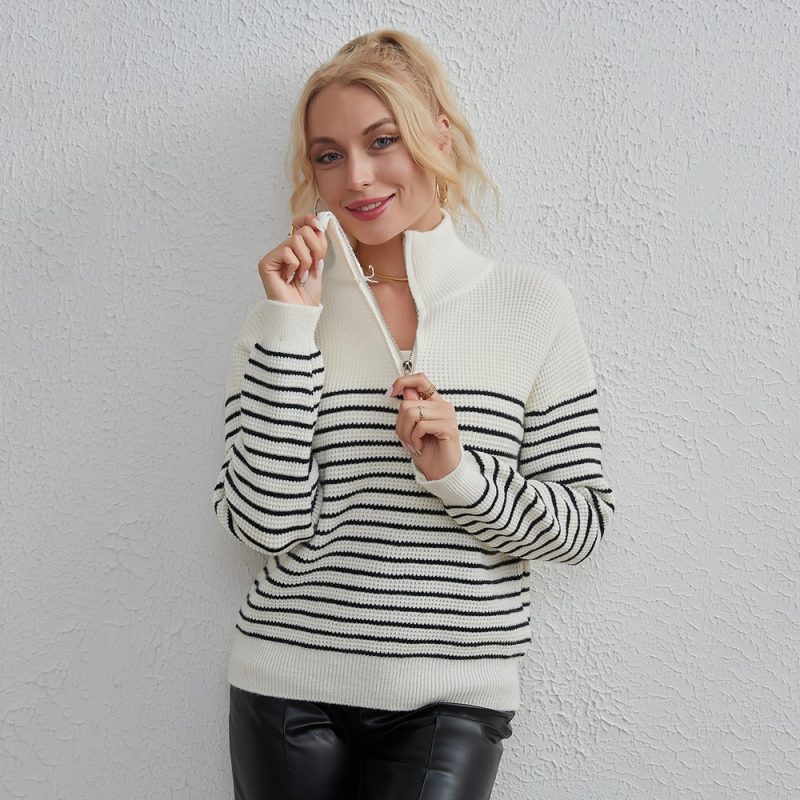 Striped Zipper Long Sleeve Sweater for Women – Autumn/Winter