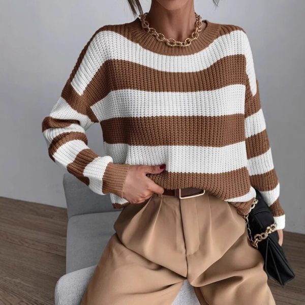 Contrast Color Stripe Knit Sweater – Loose Fit Autumn Winter Knitwear - Image 4