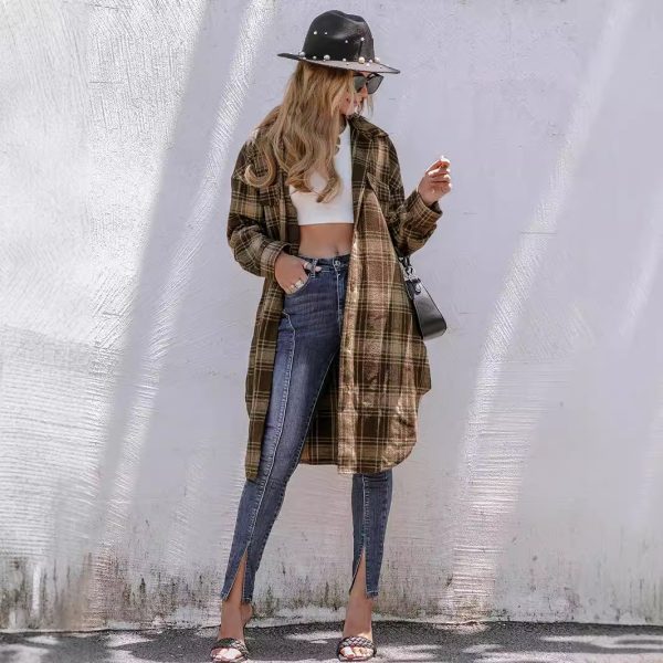 Loose Fitting Woolen Plaid Coat for Women - Image 3