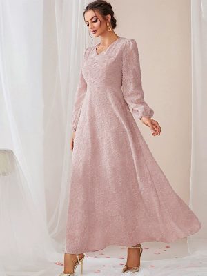 Elegant V-Neck Long Sleeve A-Line Dress with Pearl Waist