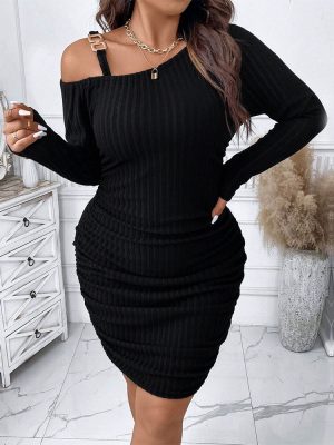 Plus Size Elegant Diagonal Collar High Waist Short Dress – Autumn & Winter