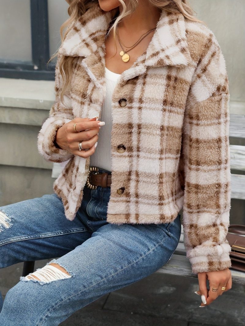 Popular Double Sided Plush Plaid Button Cardigan Casual Coat for Women - Image 3