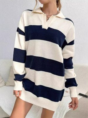 Contrast Color Stripes Slimming Loose Knit Wool Sweater