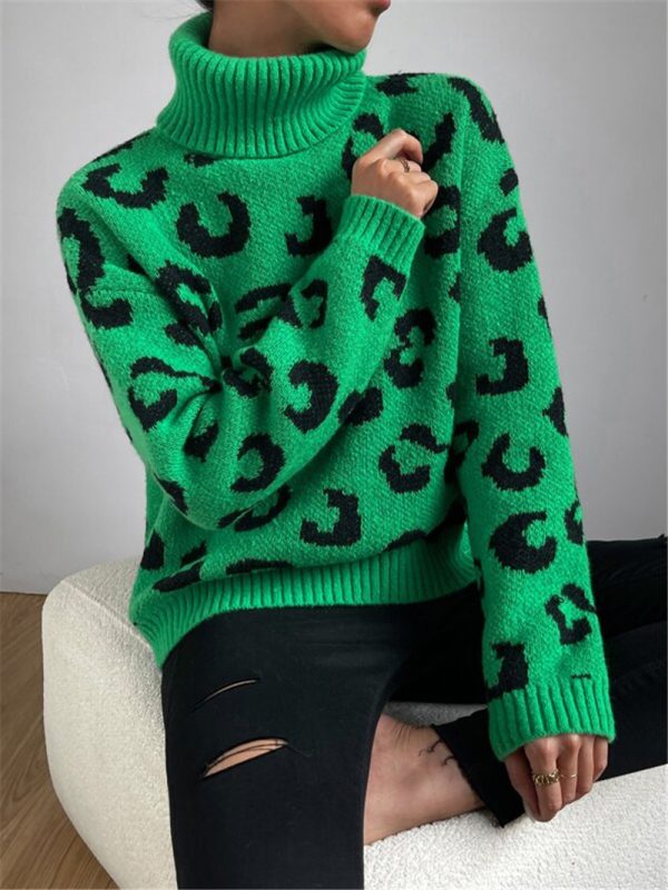 Leopard Print Turtleneck Sweater – Knitted Pullover for Autumn Winter - Image 3