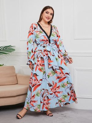 Plus Size Floral V-Neck Maxi Dress – Waist-Controlled Large Hem