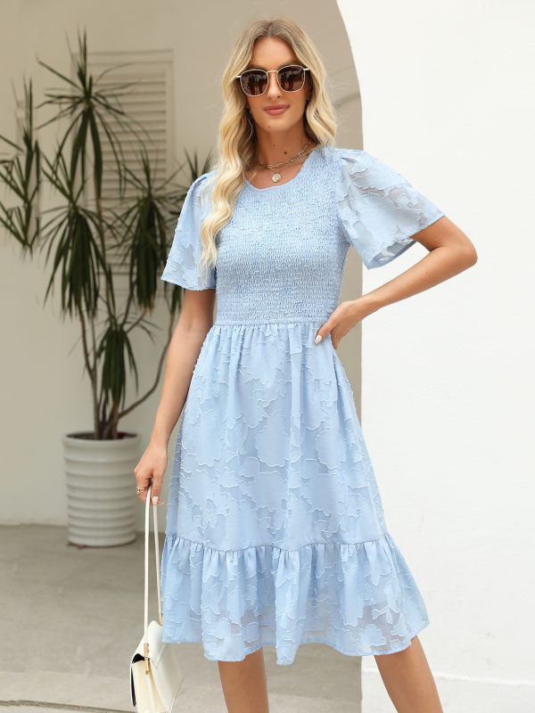 Women’s Summer Jacquard Smocking Waist Round Neck Mid-Length Dress - Image 3