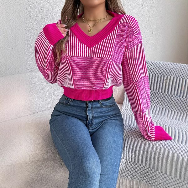 Striped Lantern Sleeve Cropped Pullover Sweater for Women - Image 2