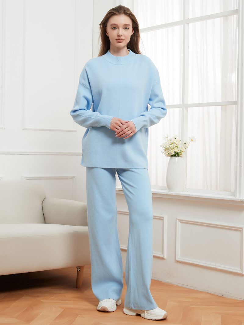 Solid Color Knitted Sweater & Trousers Two-Piece Set for Women - Image 2