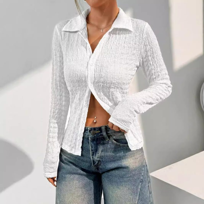 Elegant Solid Color Textured Blouse – Long Sleeve Top for Women