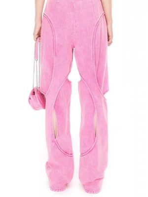 Autumn Hollow Out Cutout See-Through Irregular Asymmetric Barbie Pink Denim Pants