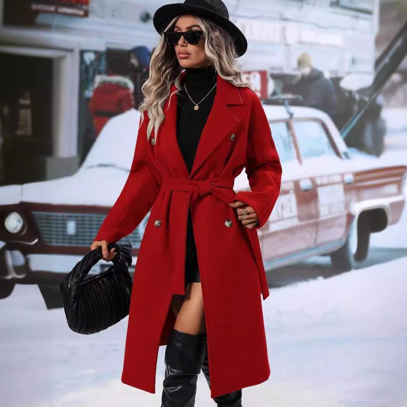 Double Breasted Lace-Up Woolen Overcoat for Women - Autumn Winter - Image 3