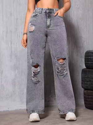 Women’s Slimming Denim Straight Leg Pants with Holes