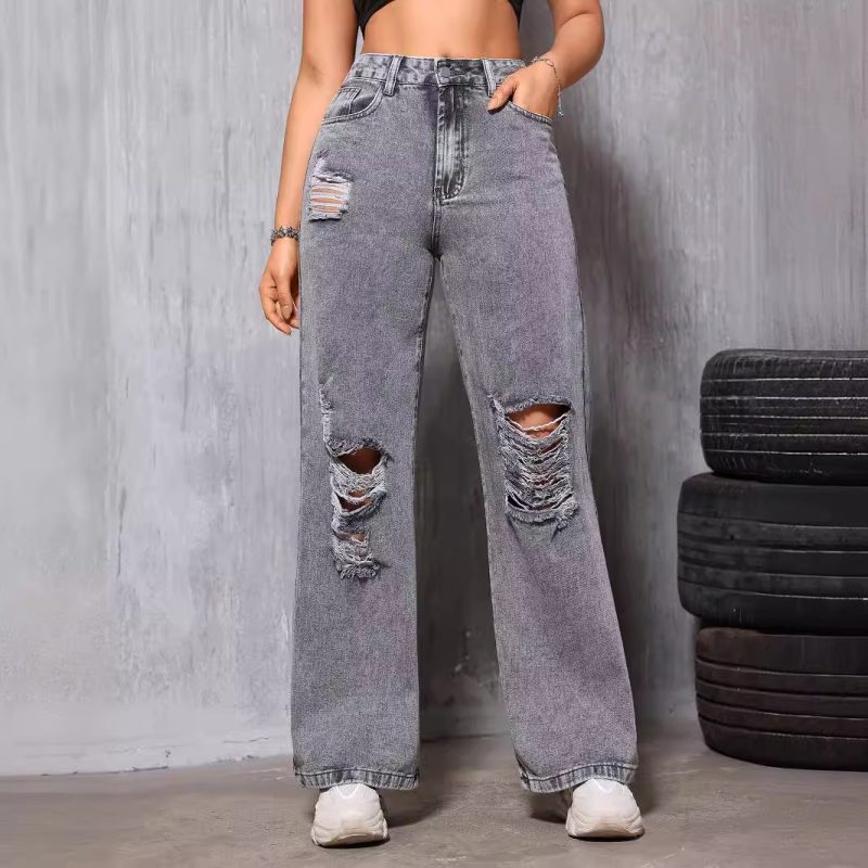 Women's Slimming Denim Straight Leg Pants with Holes