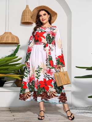 Plus Size Printed Maxi Dress – High Waist Lace-Up Vacation Style