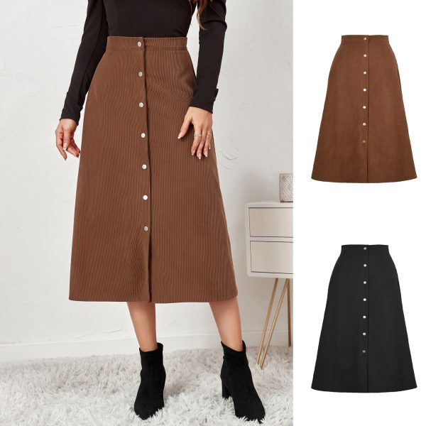 Autumn Winter High Waist Corduroy Maxi Skirt Single-Breasted - Image 3