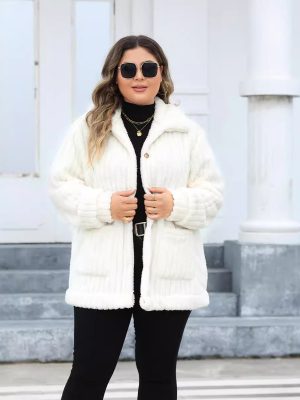 Plus Size Plush Coat – Collared Mid-Length Double-Sided Long Sleeve