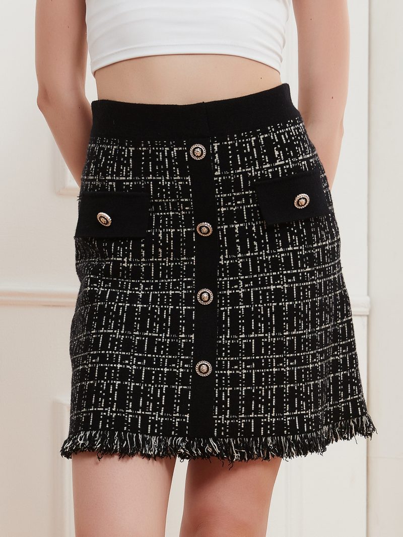 Knitted Skirt Elastic Button Classic Fringed Burr A-Line Skirt - Image 3