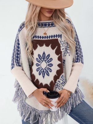 Ethnic Tassel Off-Shoulder Knitted Cape Sweater