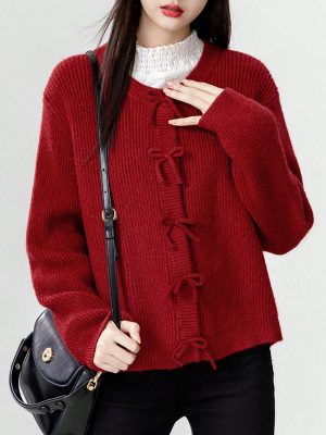 Spring Autumn Round Neck Bow Stripe Knitted Sweater Coat