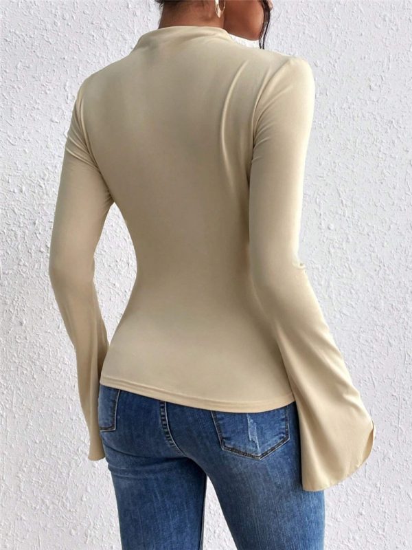 Autumn Winter Pleating Bell Sleeve Stand-up Collar Slim Fit T-Shirt - Image 2