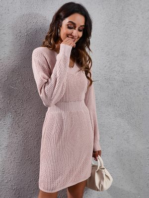 V-Neck Drop-Shoulder Knitted Woolen Dress for Women