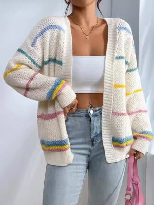 Women’s Rainbow Bar Loose Knit Cardigan Sweater