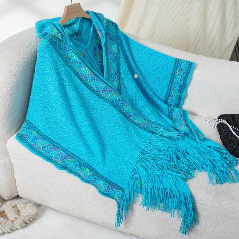 Autumn Winter Ethnic Knitted Hooded Tassel Cape Sweater Shawl for Women - Image 8