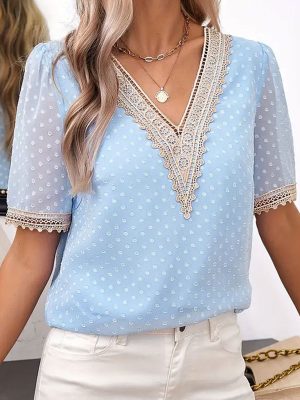 Women’s Elegant V-Neck Lace & Dot Mesh Short Sleeve Top