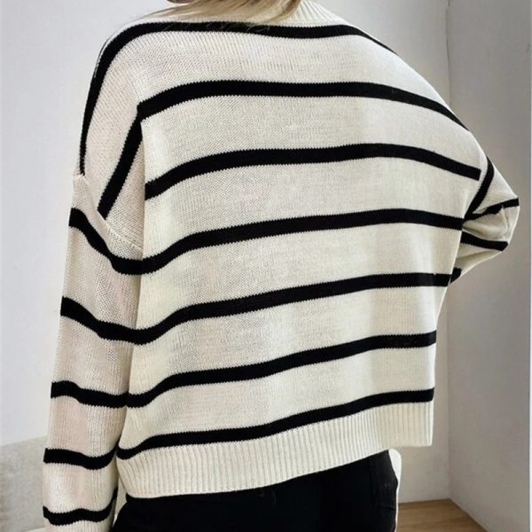 Fall Loose Round Neck Striped Knitted Pullover Sweater for Women - Image 2