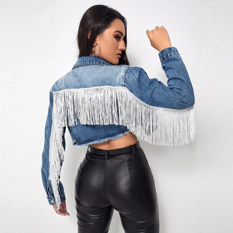 Women’s Old Cowboy Denim Jacket with Tassel Stitching – Vintage Western Style - Image 3