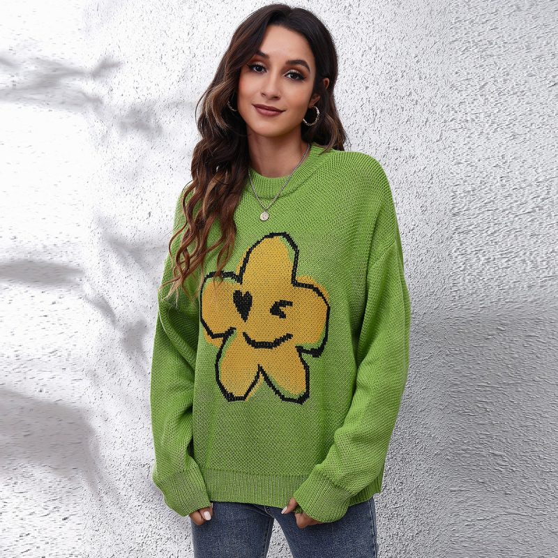 Cute Floral Cartoon Brocade Loose Sweater for Women - Image 2