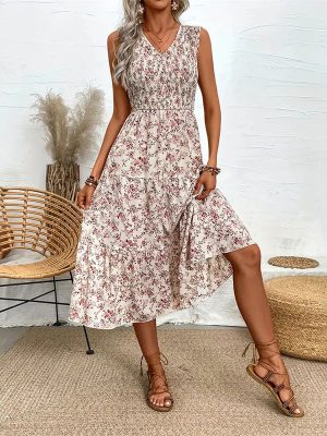 Women’s Floral Smocked Ruffled Sleeveless Maxi Dres