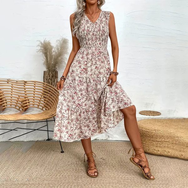 Women’s Floral Smocked Ruffled Sleeveless Maxi Dres