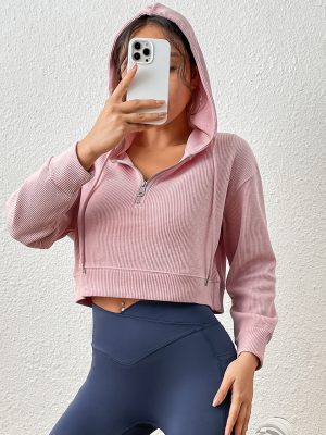 Spring Pink Waffle Hoodie – Half Zipper Sports Slimming Top