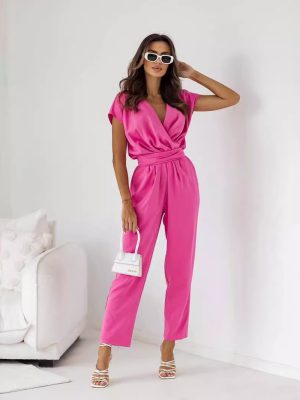 Solid Color V-Neck Short-Sleeved Office Jumpsuit