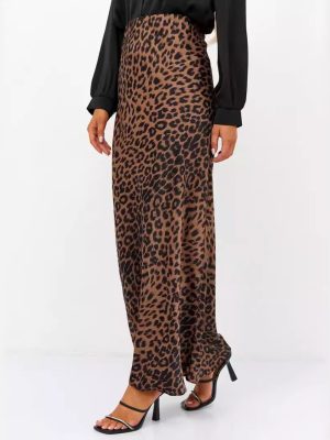 Satin Skirt Sexy Leopard Print Maxi Skirt – High Waist Elastic Silky Maxi Skirt