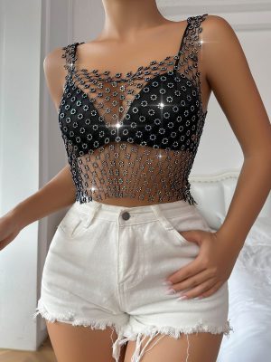 Women’s Sexy Hollow Out Rhinestone Cutout Mesh Vest