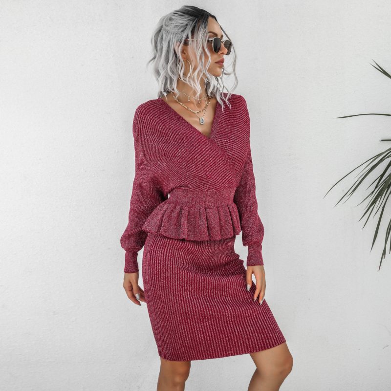Ruffled Knitted Sweater Dress Two-Piece Set for Women - Image 2