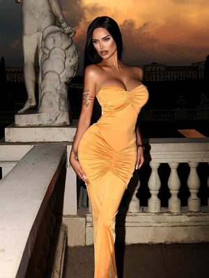 Sexy Tight Tube Top Backless Pleated Solid Color Evening Dress for Women