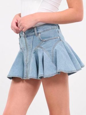 Ruffled Stitching Washed Elastic Denim Umbrella Skirt for Women