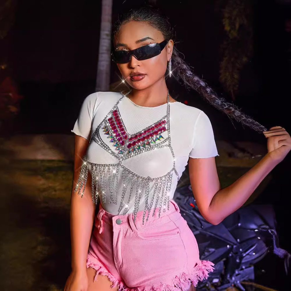 Sexy Gem Chain Tassel Halter Top - Backless Underwaist Design - Image 3