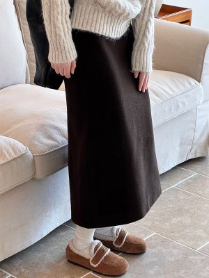 High-Waist Woolen A-Line Skirt with Split for Women