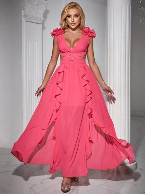 Deep V-Neck Ruffled Swing Maxi Dress