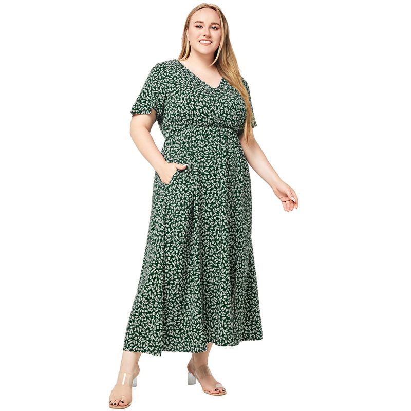 Plus Size Women Summer V Neck Short Sleeve Split Print Pockets Bohemian Beach Dress - Image 4